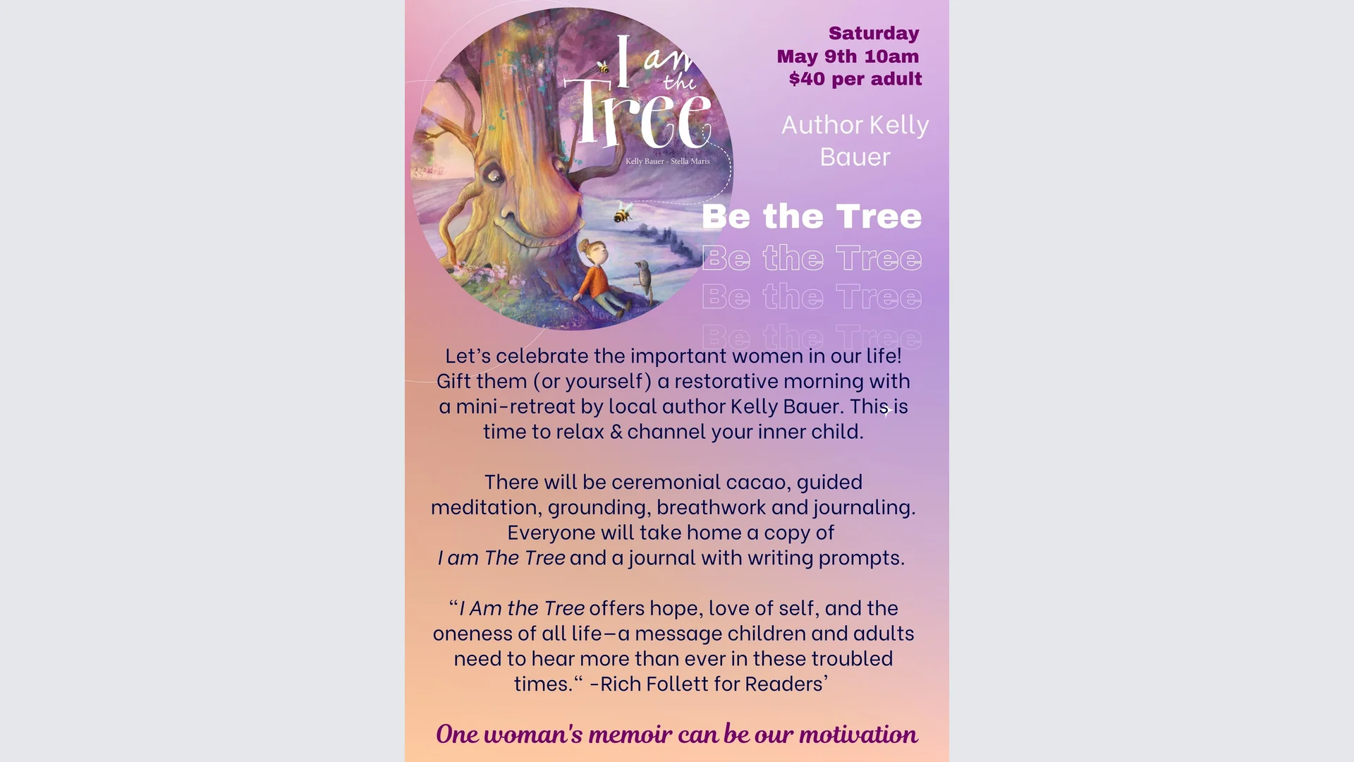 A mini women's retreat with local author Kelly Bauer.